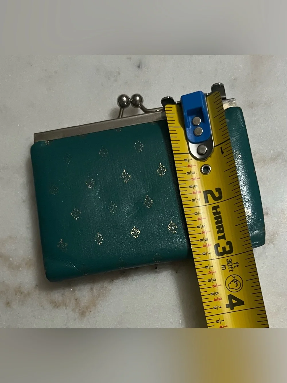 Vintage Dark  Teal Green Leather Kiss Lock Coin Purse Gold Fleur-De-Lis Italy